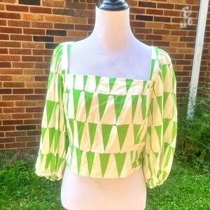Maison d'Amelie Anthropologie Blouse Top Green Ivory Balloon Sleeve Size Medium